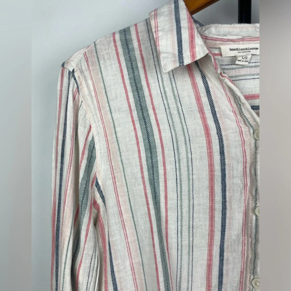 Beachlunchlounge White Multicolor Linen Blend Button Up Striped Long Sleeve Top - Picture 5 of 6